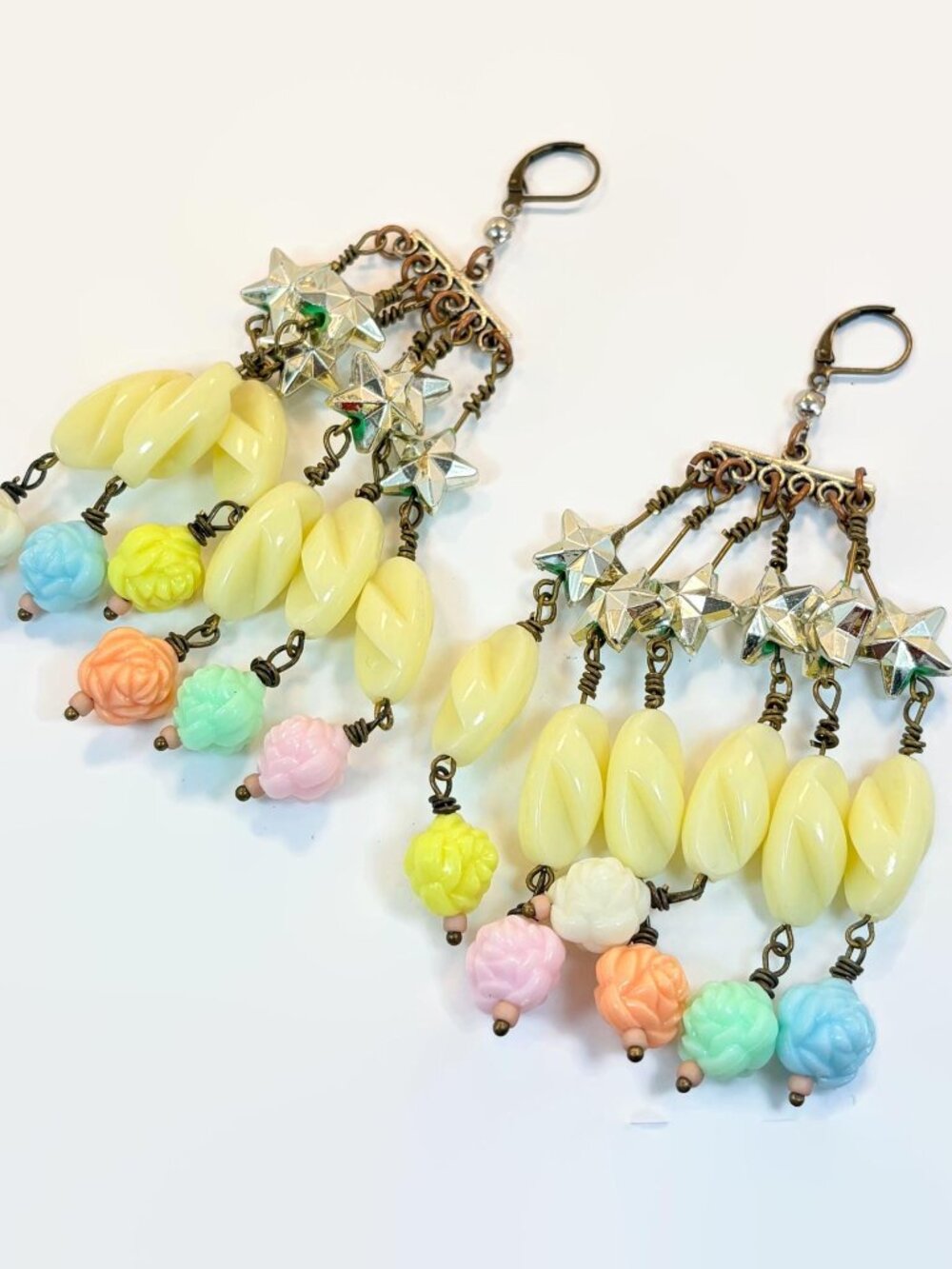 Vintage Earrings, One of a Kind, Bohemian, Stars, Pastel, Dangle, Pink, Blue